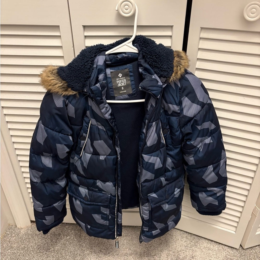 River Island Blue Camouflage Puffer Jacket with Faux Fur Hood